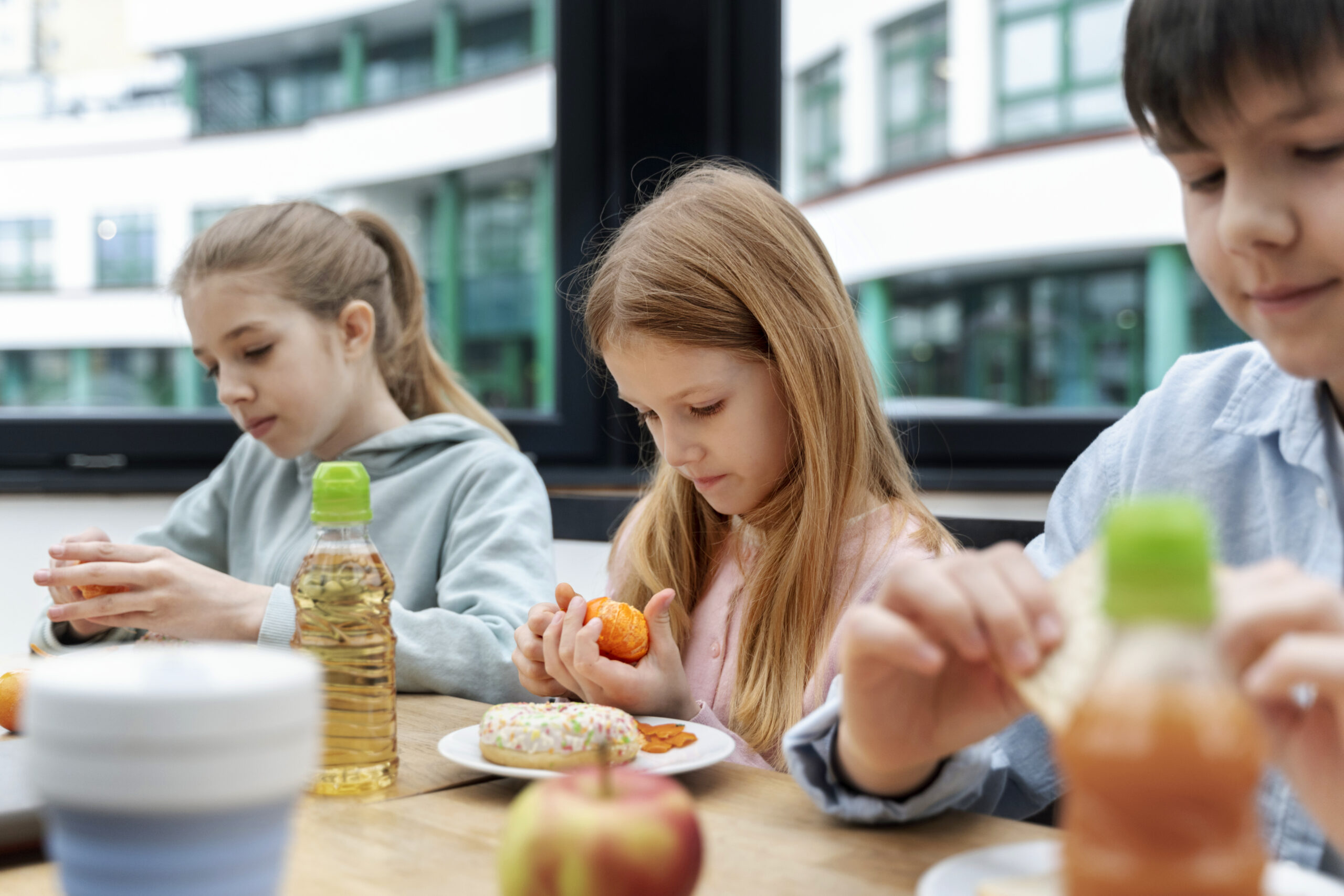 Jovens estudantes almoçando no refeitório da escola.