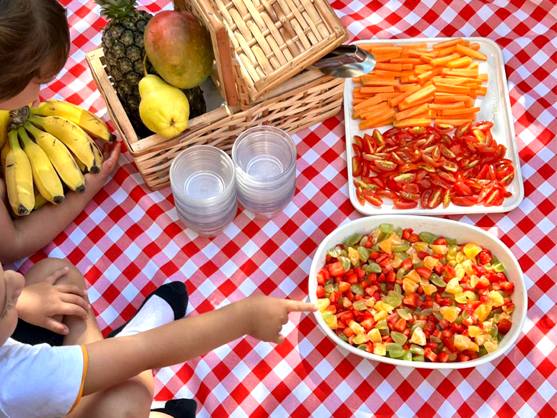 Crianças sentadas em toalha xadrez vermelha e branca durante um piquenique escolar, com frutas frescas (banana, manga, abacaxi), vegetais cortados (cenoura e pimentão) e salada de frutas.