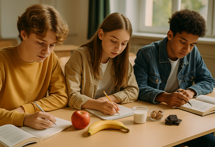Estudantes concentrados com alimentos que dão energia para estudar.